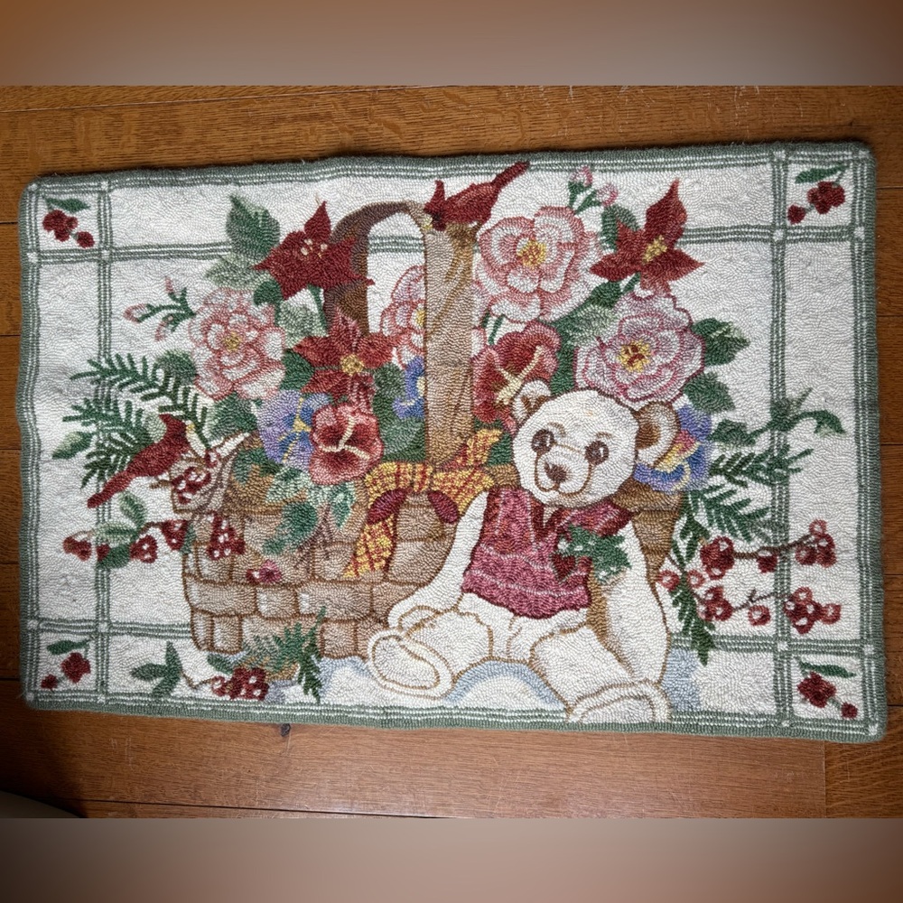Vintage Floral Punch Needle Christmas Bear Wall Art Rug Decor Red‎ Green